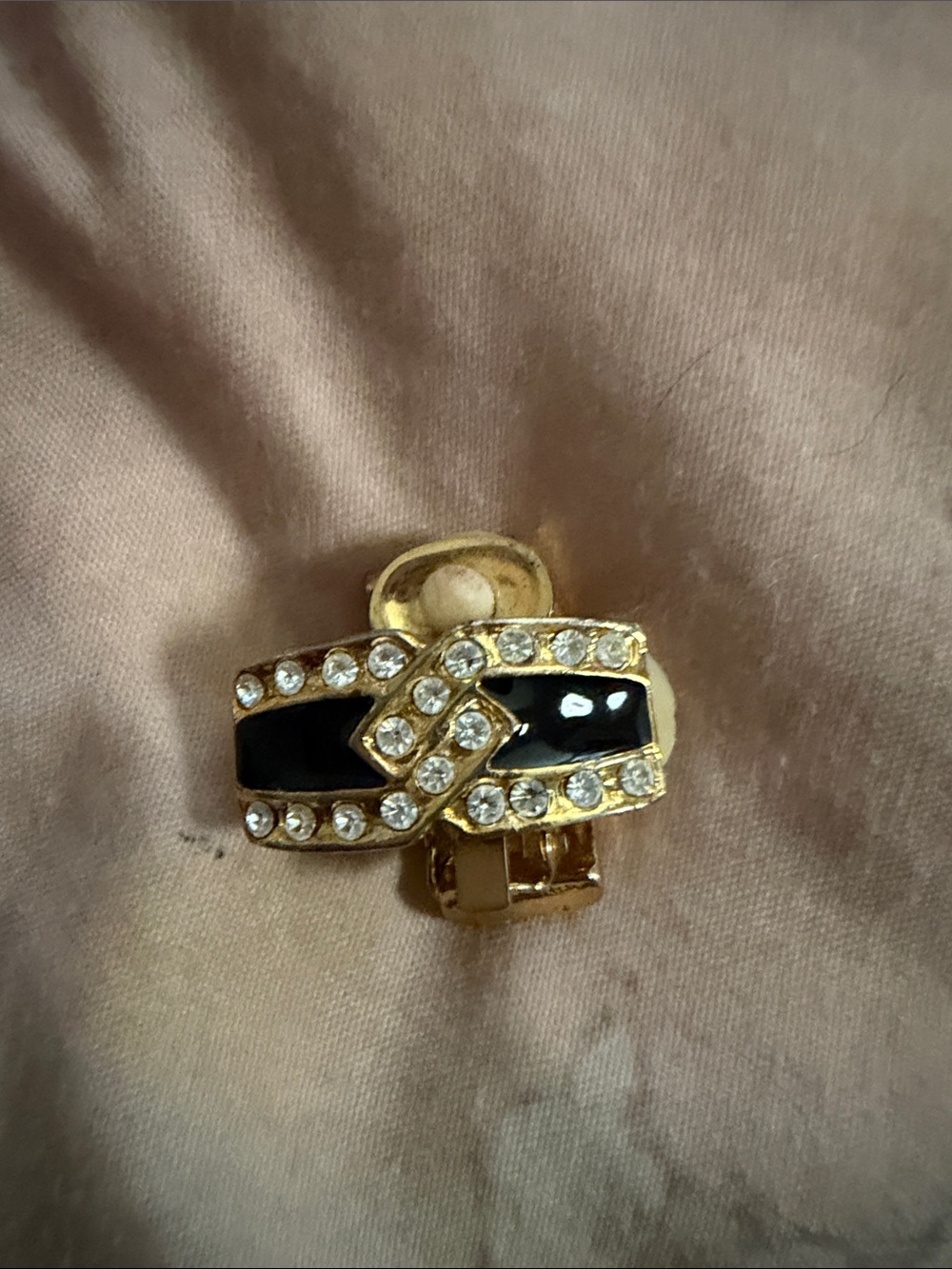 Gold Tone Black Enamel Crystal Clip-On Earring
